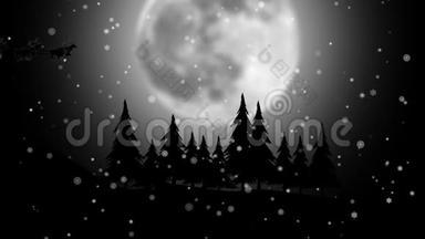 圣诞老人骑着雪橇在月亮雪花背景下。 剪影